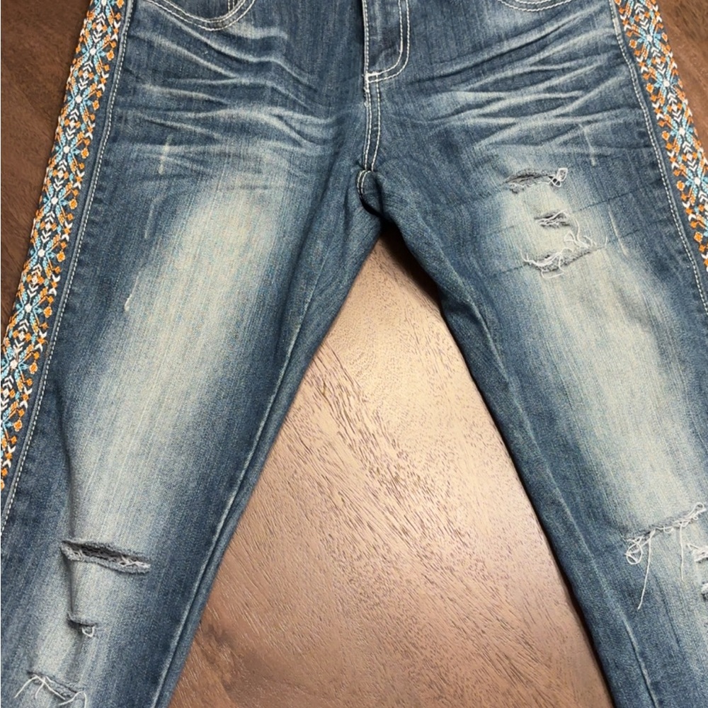 Rue21 Distressed Blue Jeans with Boho Embroidery